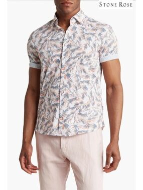 STONE ROSE ORANGE PALM PRINT TRIM FIT STRETCH COTTON S/S BUTTON-UP SHIRT. SZ XL